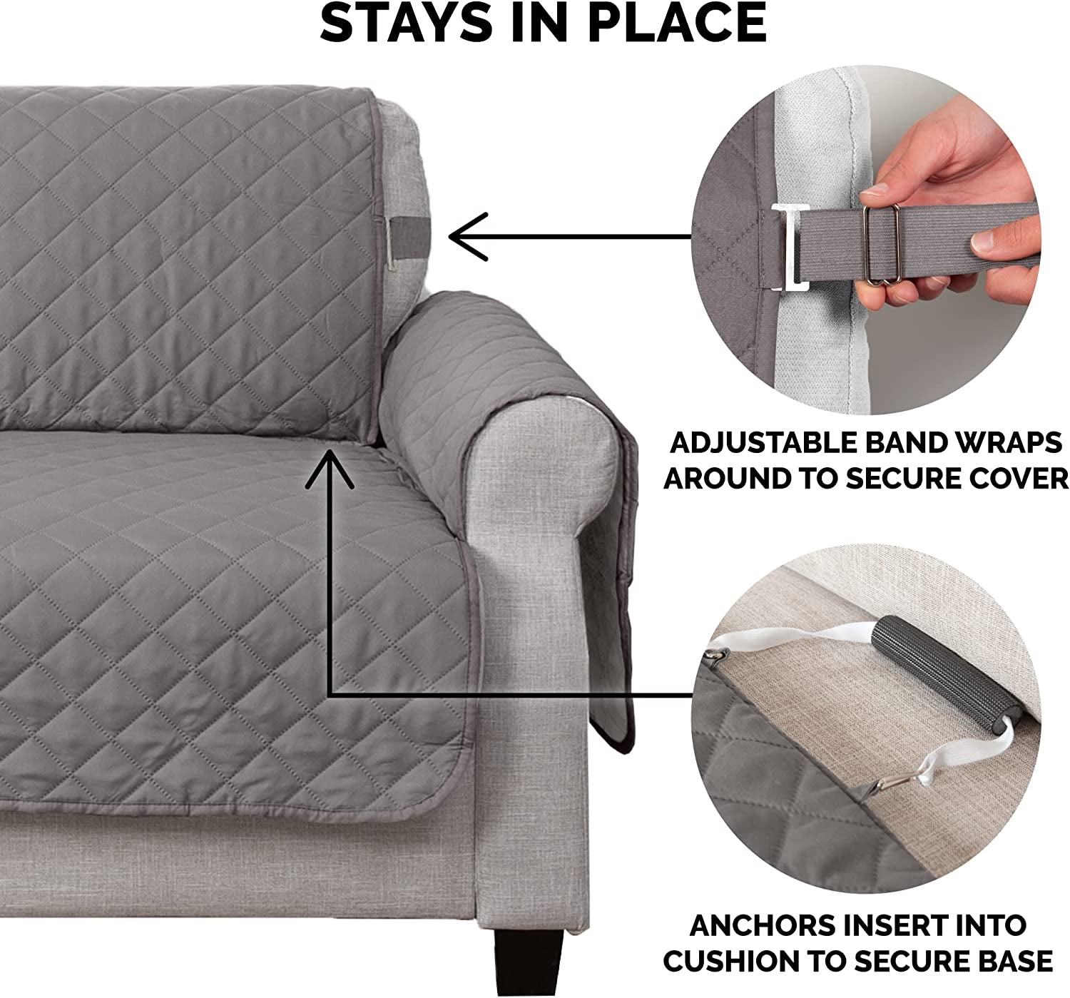 Water-Resistant & Reversible Large Sofa/Couch Cover Protector for Dogs, Cats, & Children - Two-Tone Pinsonic Quilted Living Room Furniture Cover - Gray/Mist, Large Sofa