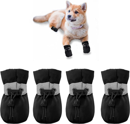 Dog Shoes for Small Dogs, Anti-Slip Dogs Boots & Paw Protector for Winter Snowy Day, Summer Hot Pavement Dog Booties with Reflective Straps, Cat Dog Shoe for Indoor Hardfloors (Black, 4)