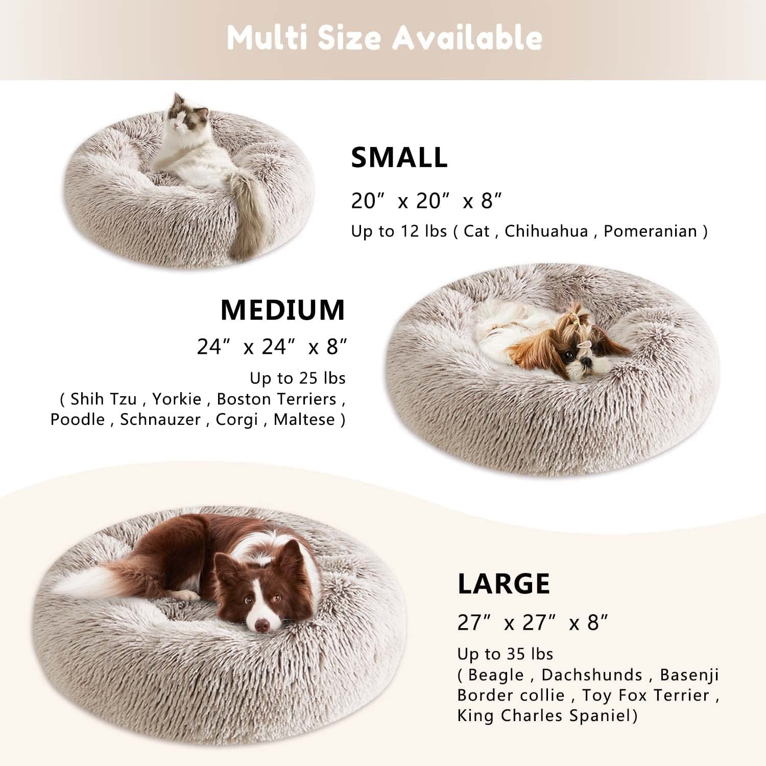 Western Home Faux Fur Dog & Cat Bed, Original Calming Bed for Small Medium Large Pets, anti Anxiety Donut Cuddler round Warm Washable Bed for Indoor Cats(20", Khaki)